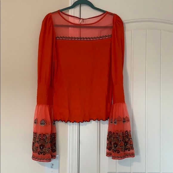 Free People orange embroidered bell sleeve top, M - Picture 2 of 7